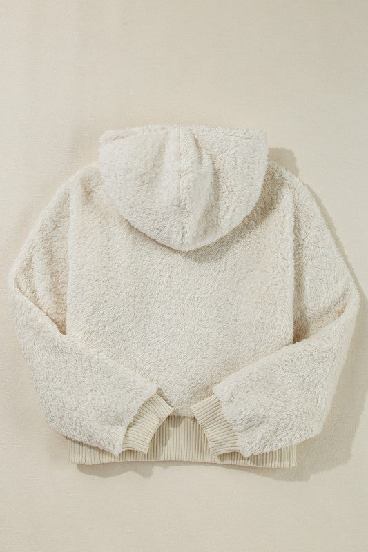 White Contrast Ribbed Edge Plush Hoodie
