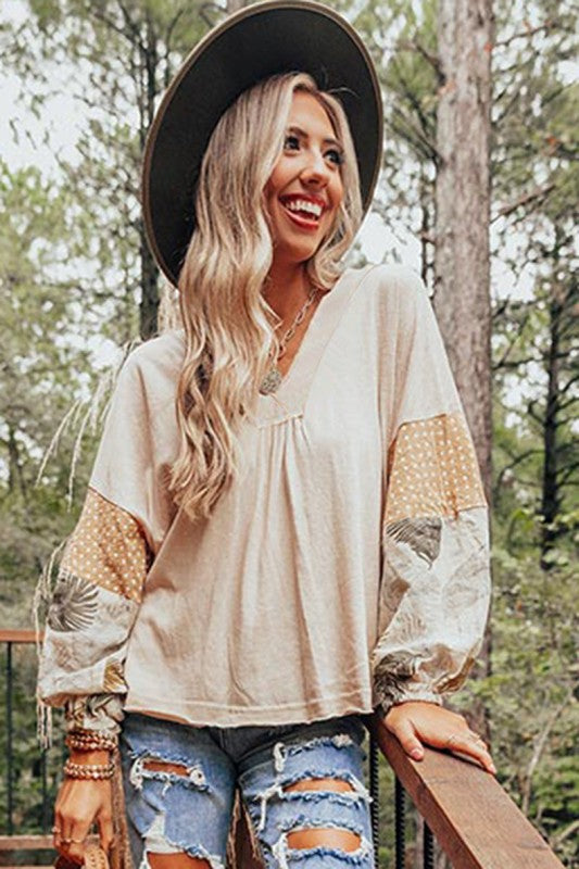 Women Puff Sleeve Patchwork V Neck Sweatshirts