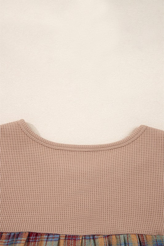Cotton Waffle Stripe Plaid Patchwork Henley Top