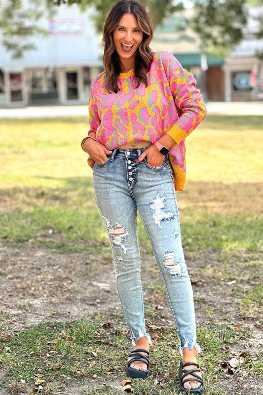 Abstract Print Ribbed Trim Baggy Sweater