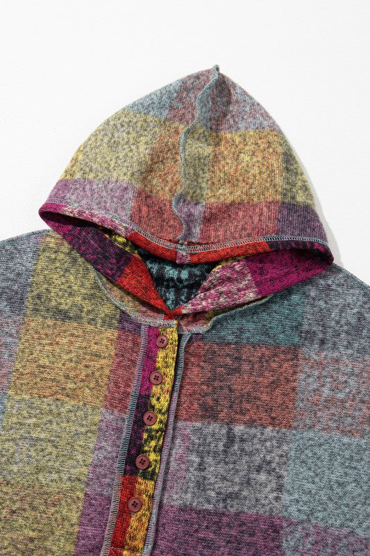 Brushed Check  Pocket Thumbholes Henley Hoodie
