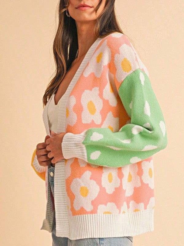 Drop Shoulder Color Block Oversized Cardigan