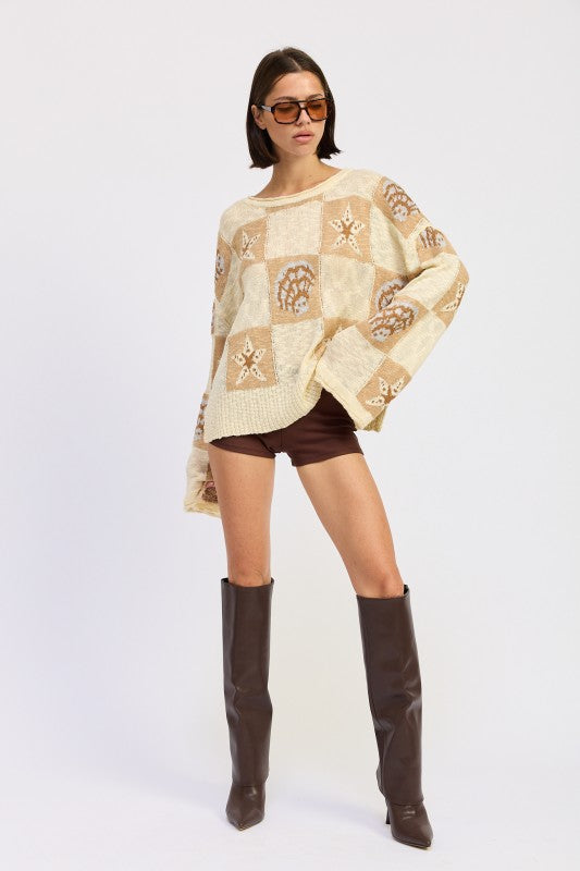 LOOSE FIT GRAPHIC LONG SLEEVE SWEATER