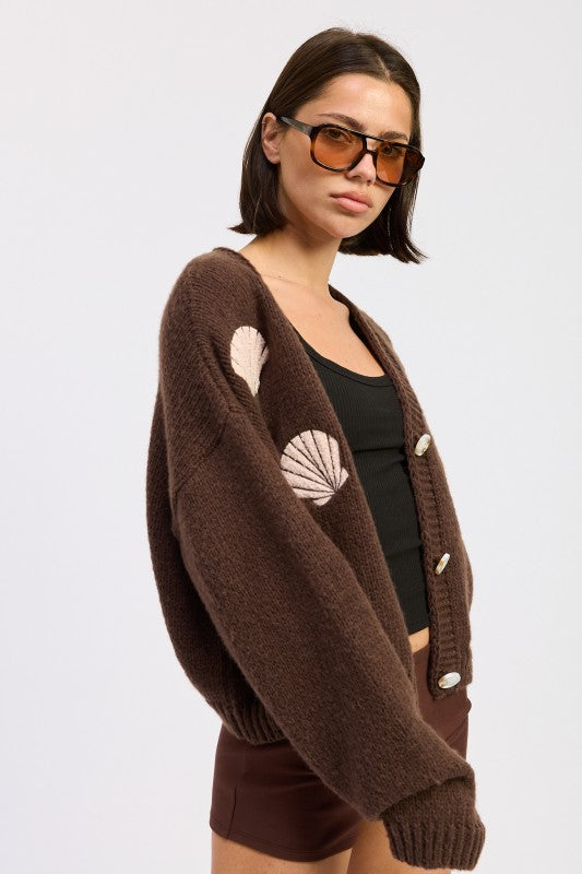V NECK BUTTON FRONT APPLIQUE CARDIGAN