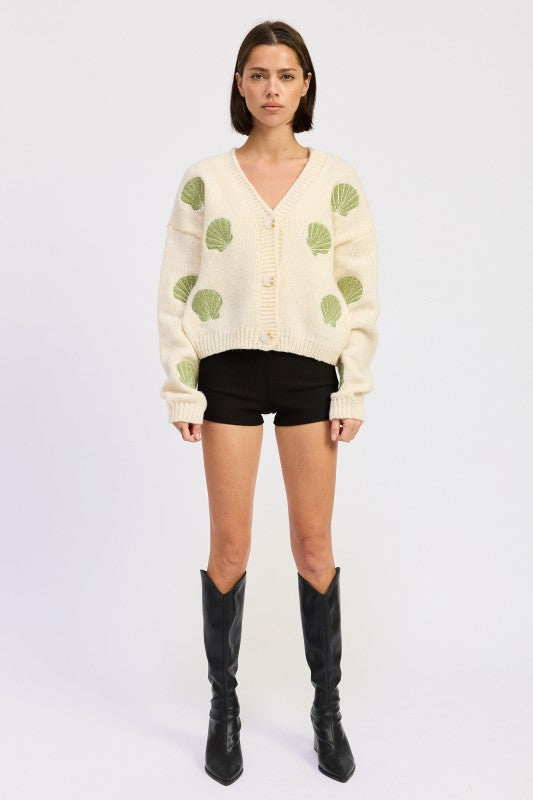 V NECK BUTTON FRONT APPLIQUE CARDIGAN