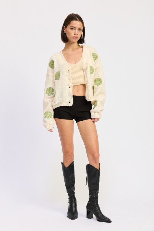 V NECK BUTTON FRONT APPLIQUE CARDIGAN