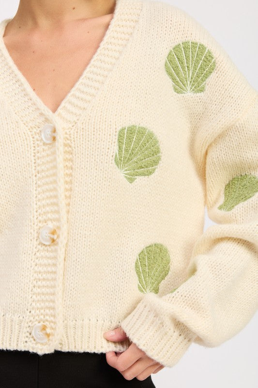 V NECK BUTTON FRONT APPLIQUE CARDIGAN