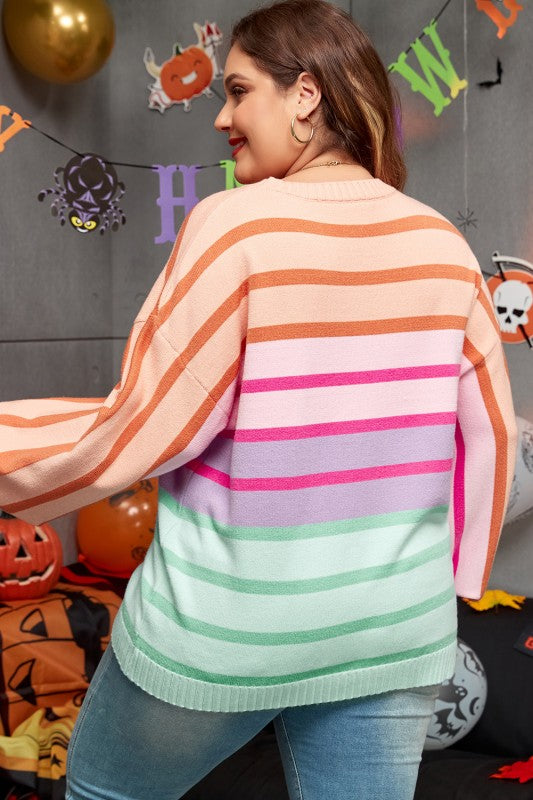Strip Balloon Sleeve Crewneck Plus Size Sweater