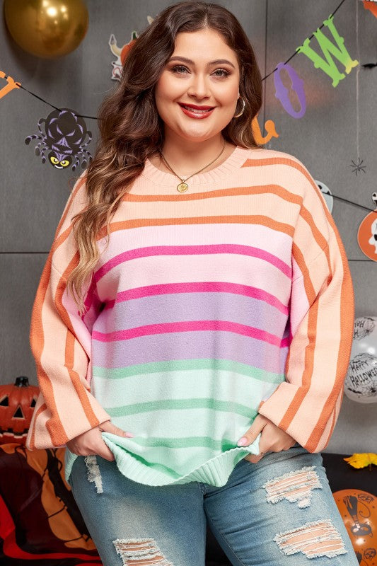Strip Balloon Sleeve Crewneck Plus Size Sweater