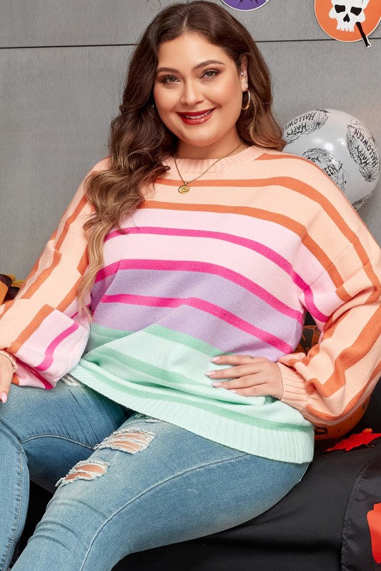 Strip Balloon Sleeve Crewneck Plus Size Sweater