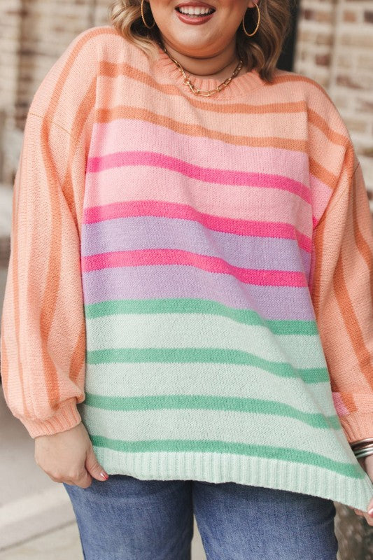 Strip Balloon Sleeve Crewneck Plus Size Sweater