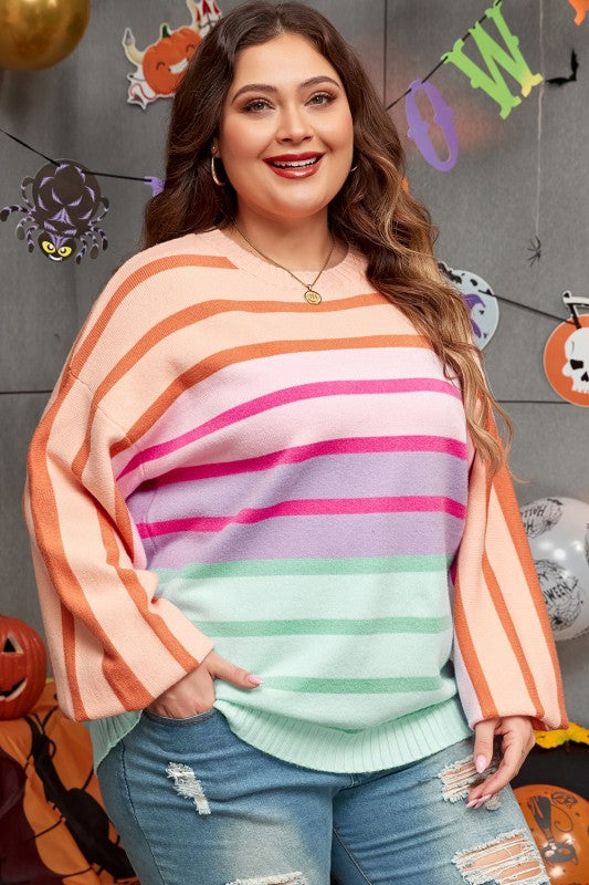 Strip Balloon Sleeve Crewneck Plus Size Sweater