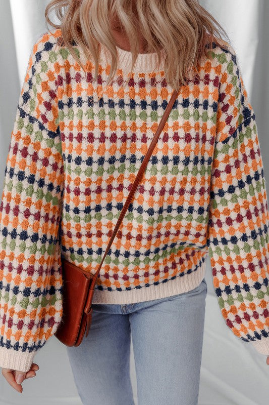 Dotty Striped Pattern Knit Drop Shoulder Sweater
