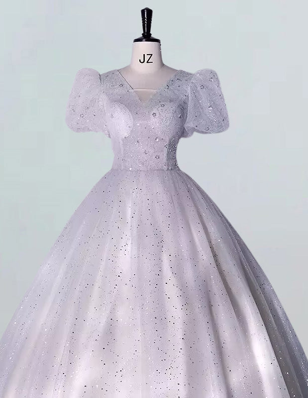 Elegant Silver Grey Sequin Tulle V-Neck Ball Gown | Prom & Evening Dress