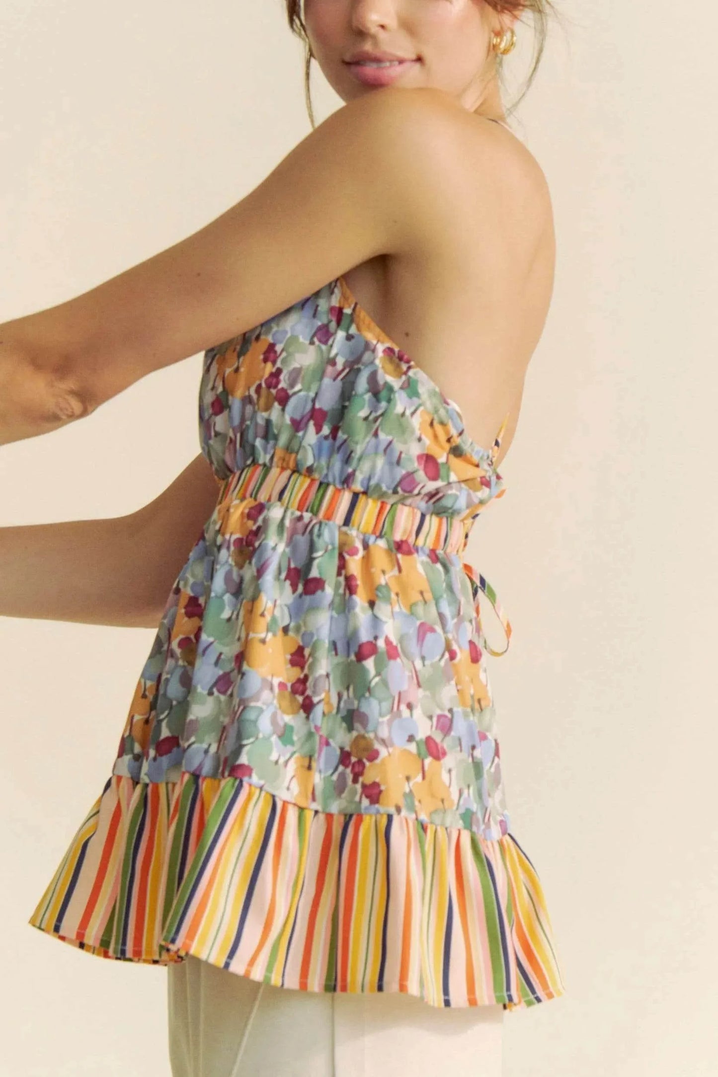 Davi & Dani Floral Smocked Sleeveless Ruffle Back Tie Top