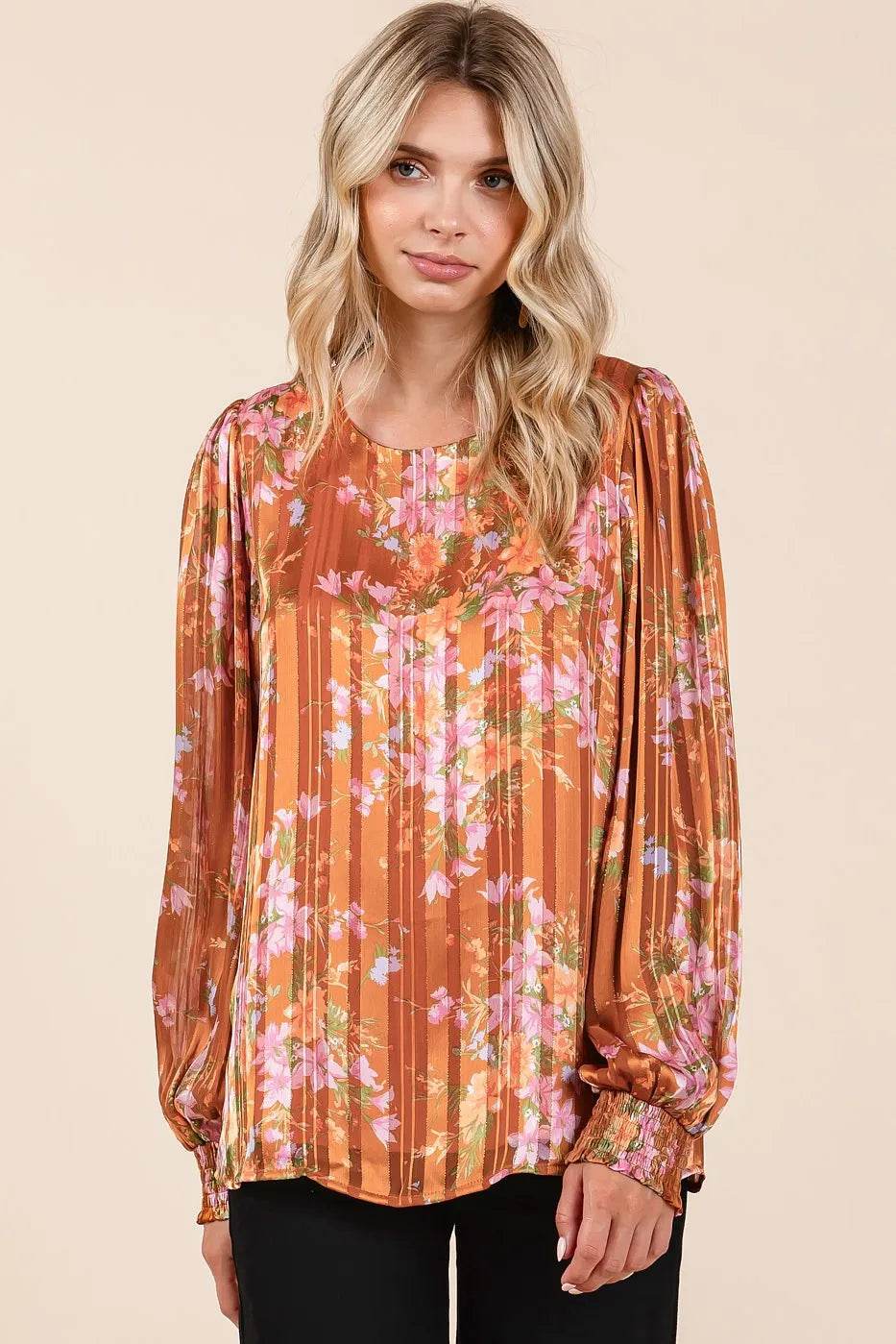 Mittoshop Satin Gold Lurex Striped Long Sleeve Chiffon Top