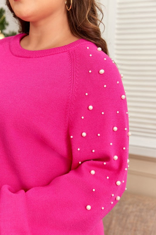 Pink Pearled Decor Raglan Sleeve Plus Size Sweater