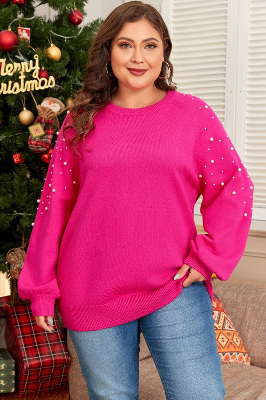 Pink Pearled Decor Raglan Sleeve Plus Size Sweater