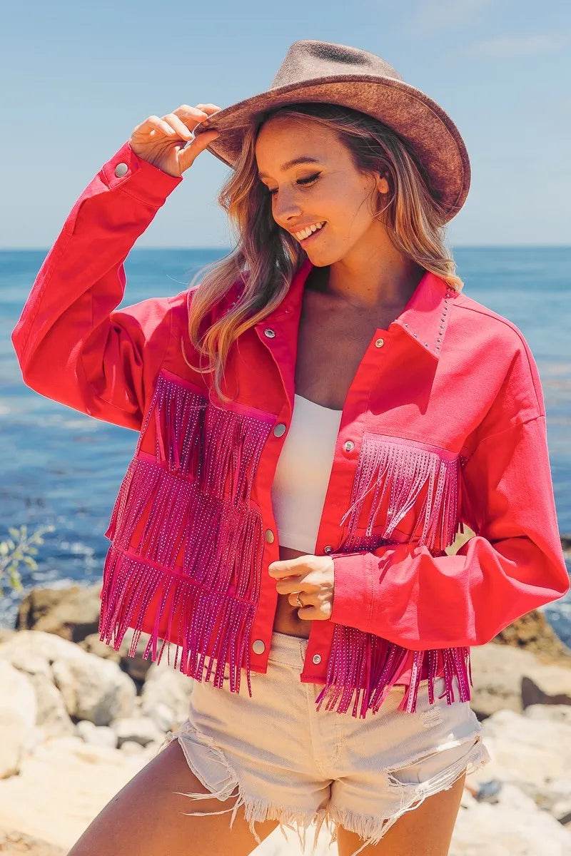 BiBi Rhinestone Fringe with Studed Collar Jacket