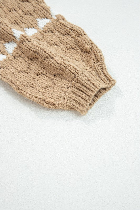 Colorblock Textured Knit Puff Sleeve Sweater