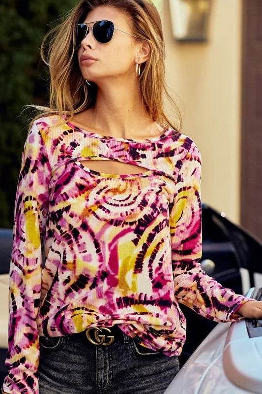 BiBi Print Tie Dye Rib Knit Top With Cut Out Neck