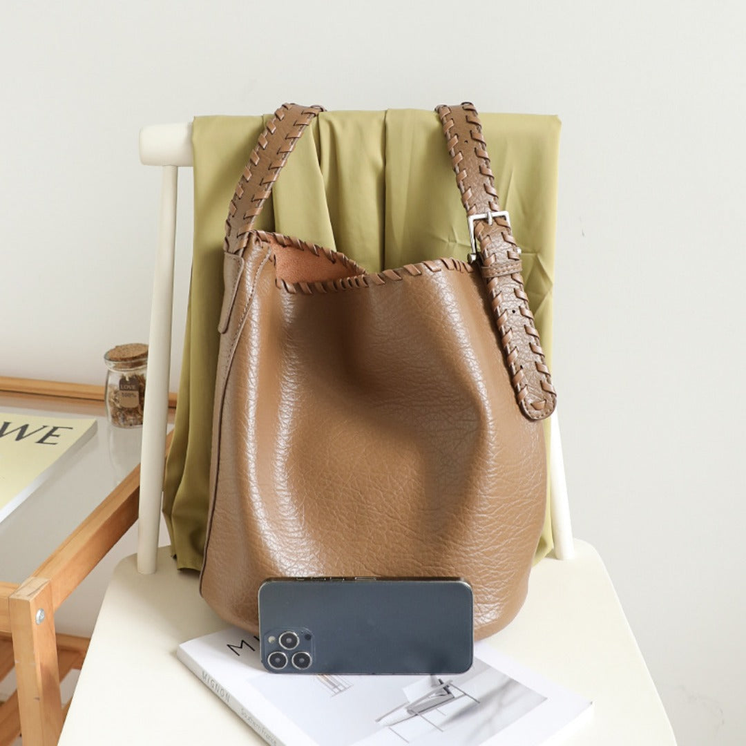 Elegant Woven Shoulder Strap Bucket Bag for Female - Versatile Texture Soft PU Retro Casual Tote