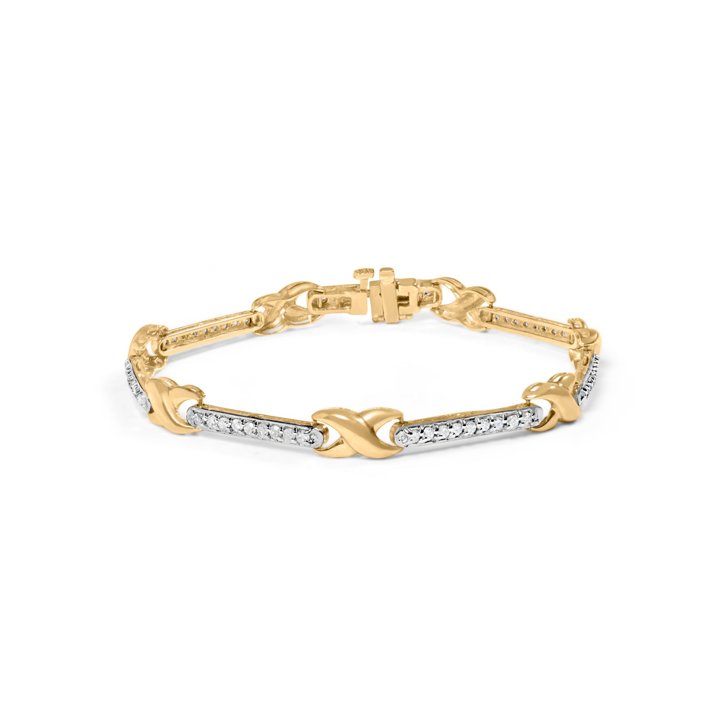 10K Yellow Gold 1.00 Cttw Pave Set Diamond Bar and  X-Link 7" Bracelet (I-J Color, I3 Quality)