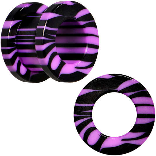 00G Purple Black Acrylic Zebra Striped Screw Fit Tunnel Plug Set