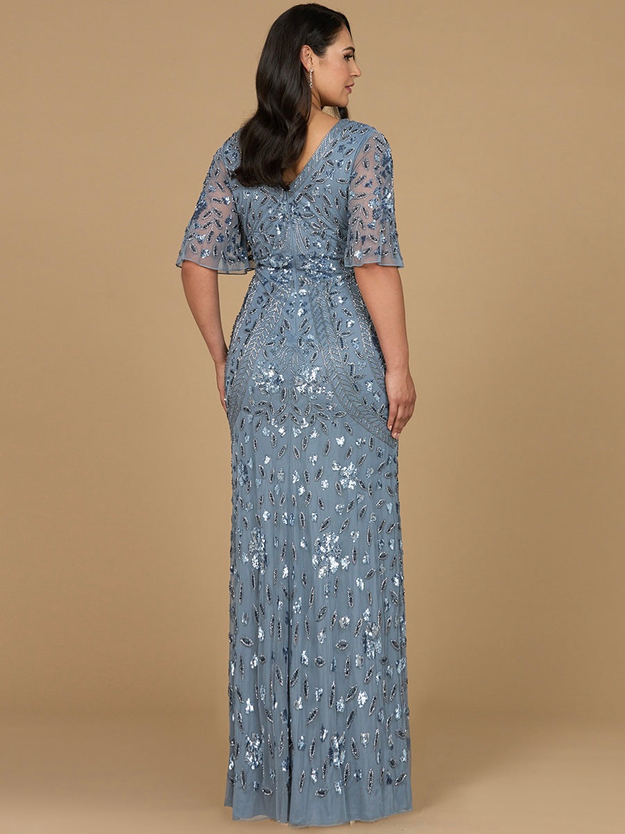 V-Neck, Cape Sleeve Beaded Gown