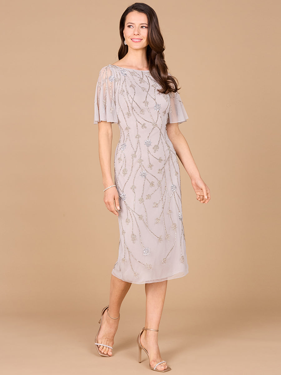 Beaded Midi Dress with Cape Sleeves