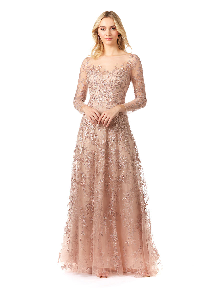 Lara 29677 - Illusion Neckline A-line Long Sleeves Gown