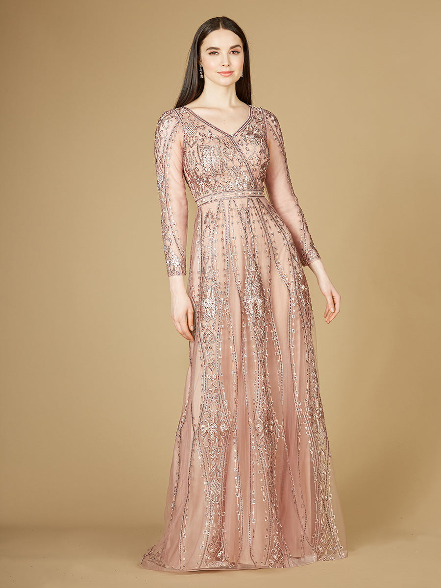 Lara 29788 - Long Illusion Sleeves, A-line Long Gown