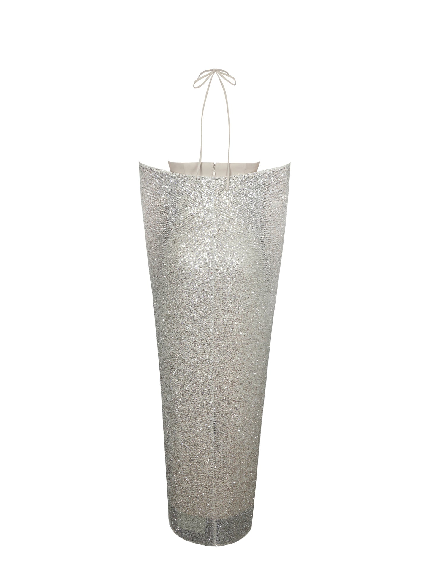 Quimera Almond Beaded Cape Halter Off-Shoulder Maxi Gown