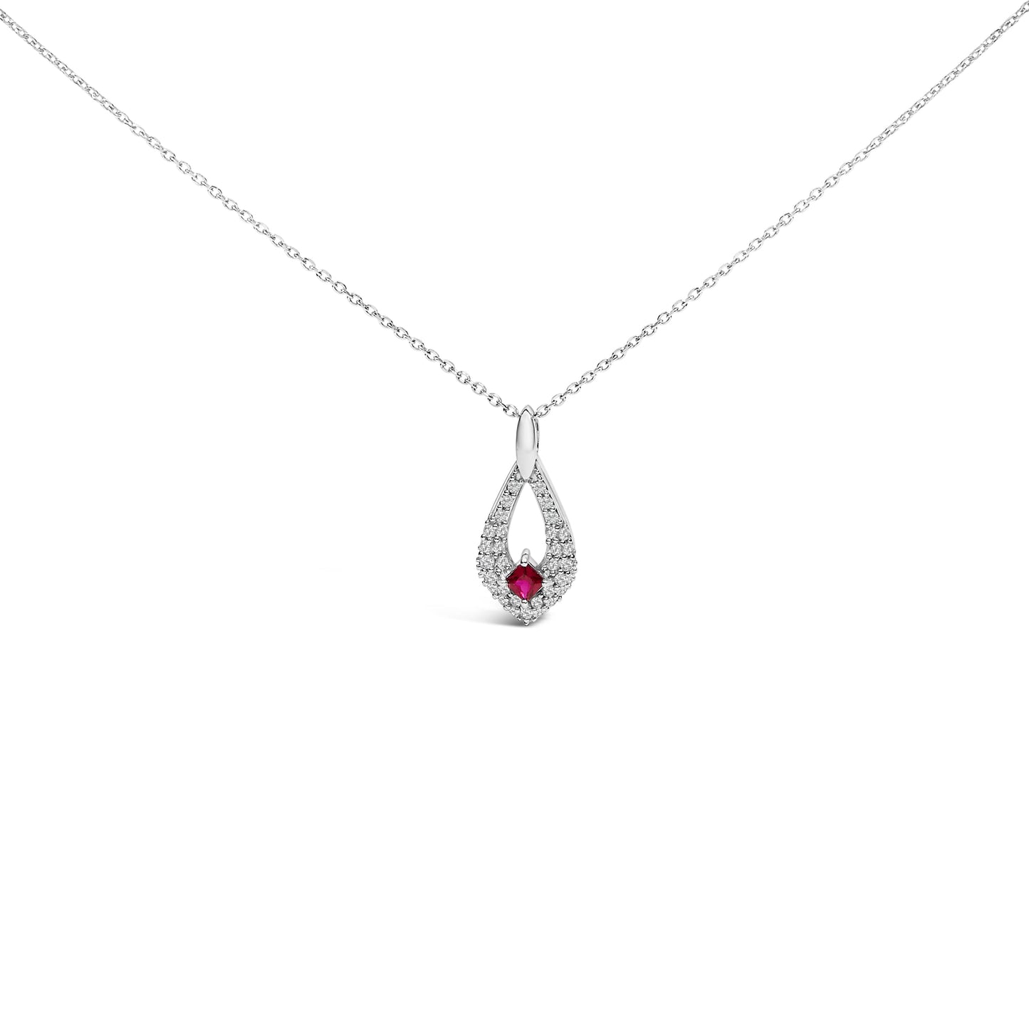 .925 Sterling Silver Created Red Ruby and White Sapphire Pear Shaped Pendant Necklace - 18" Inches