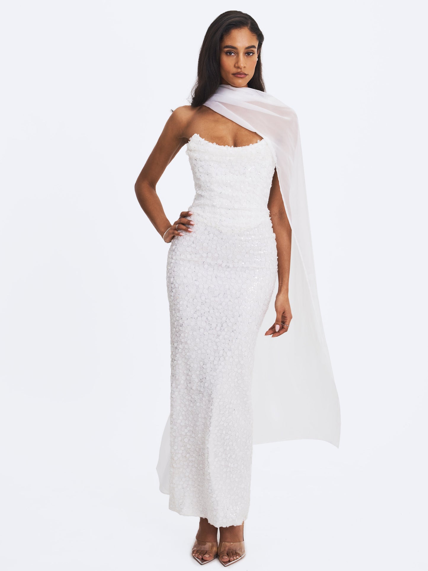 Myra White Beaded Mesh Strapless Wedding Dress