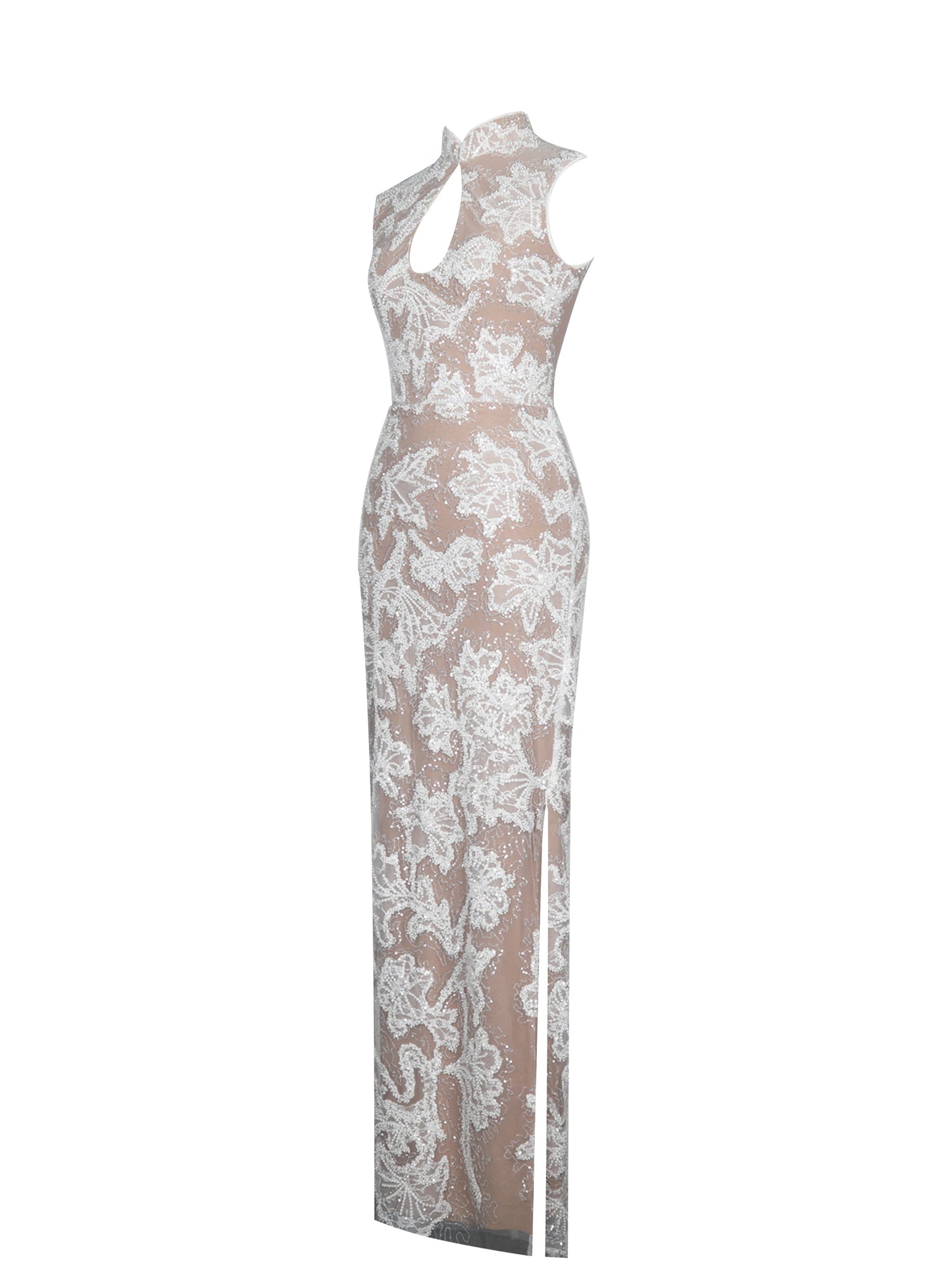 Tavia White Beaded Teardrop Neckline Maxi Dress