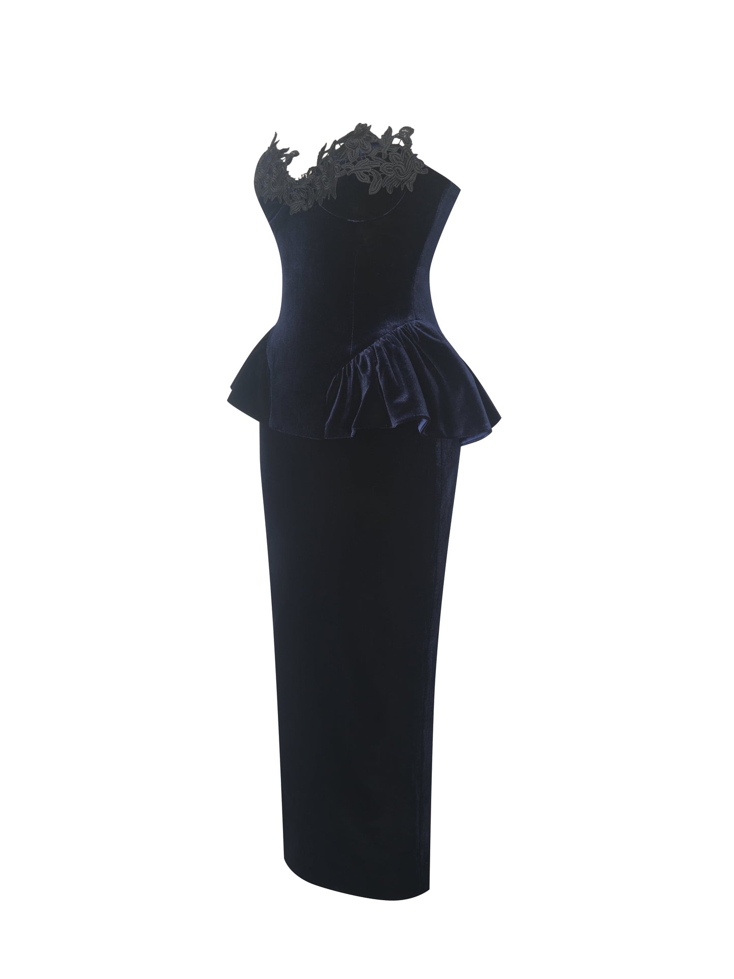 Pascha Black Lace Appliqué Strapless Peplum Midi Dress