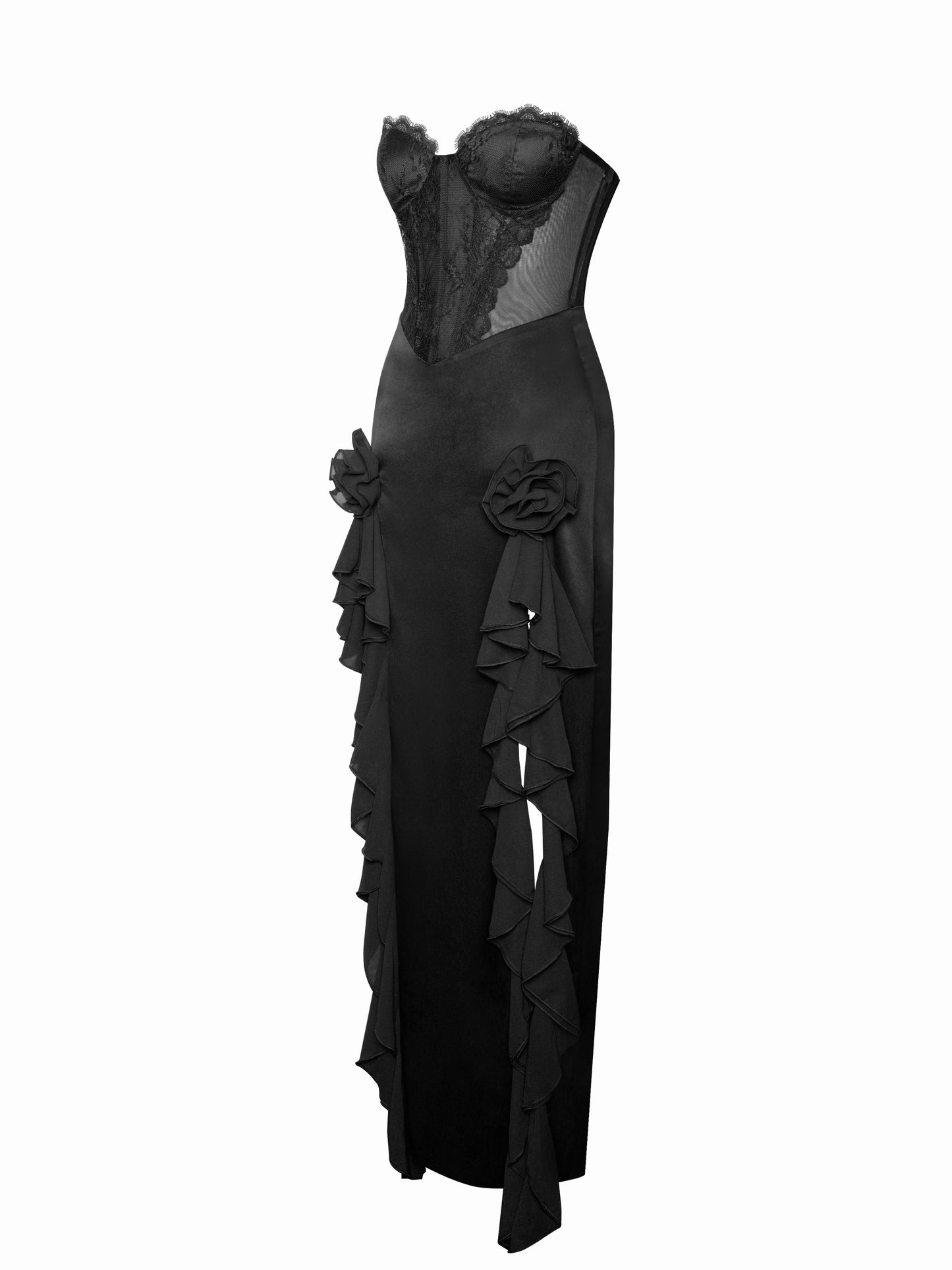 Talia Black Satin Lace Corset Maxi Dress