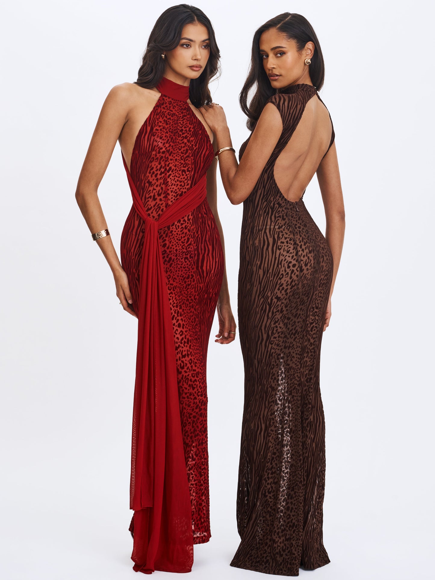 Tyanna Mocha Burnout Velvet Mesh Backless Mermaid Maxi Dress