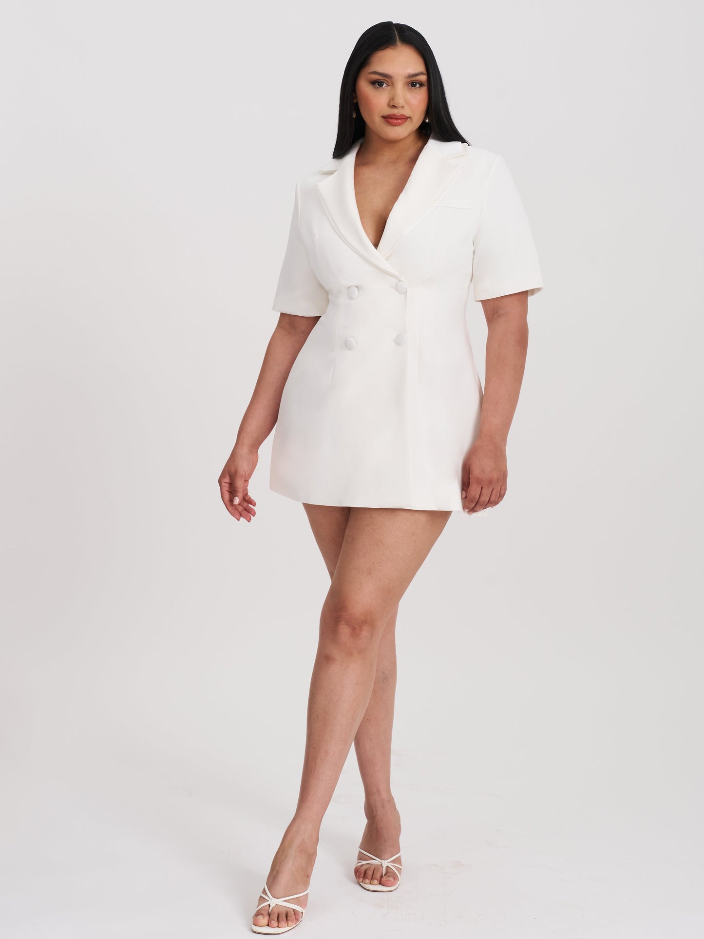 Madelina White Double Breast Satin Trim Blazer Dress