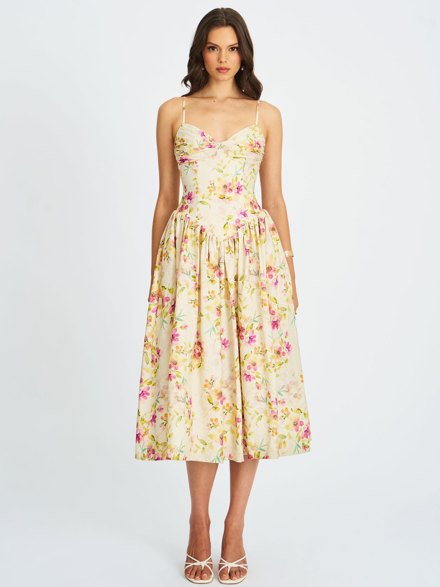 Jacinda Yellow Floral Print Ruched Breast Linen Midi Dress