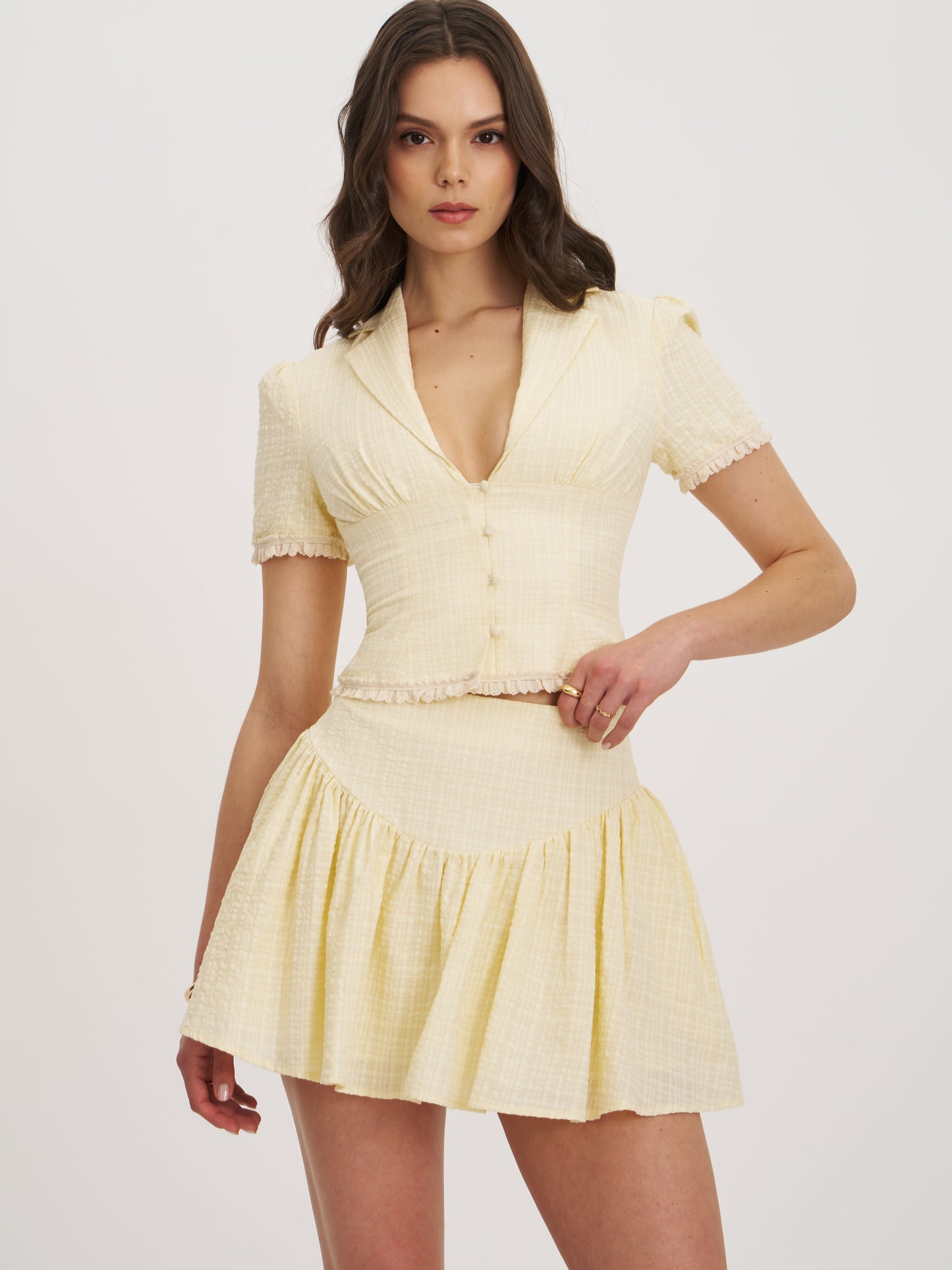 Odelia Yellow Lace Trim Seersucker Button Up Top