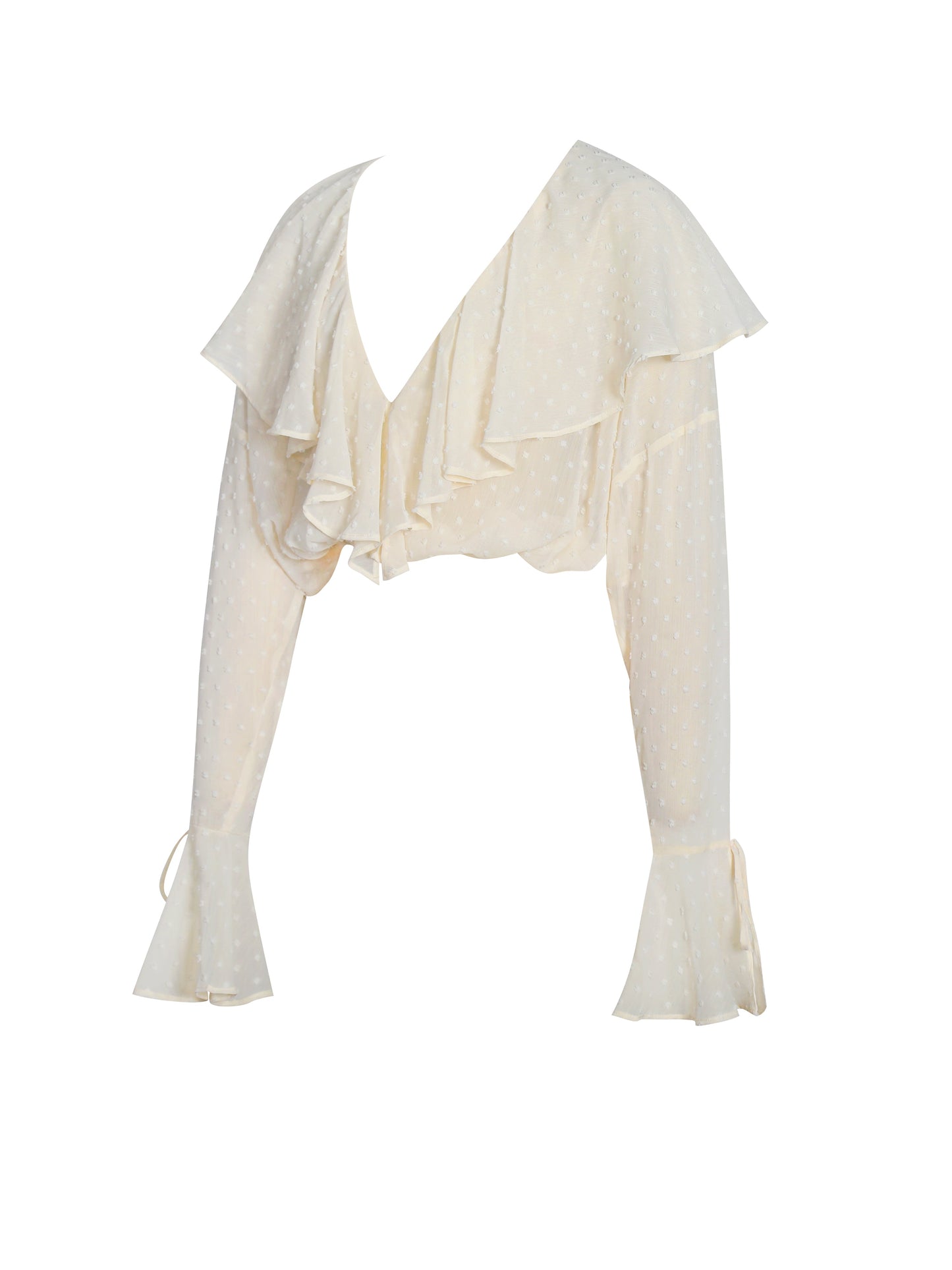 Magali Beige Dotted Mesh Ruffle V Collar Top