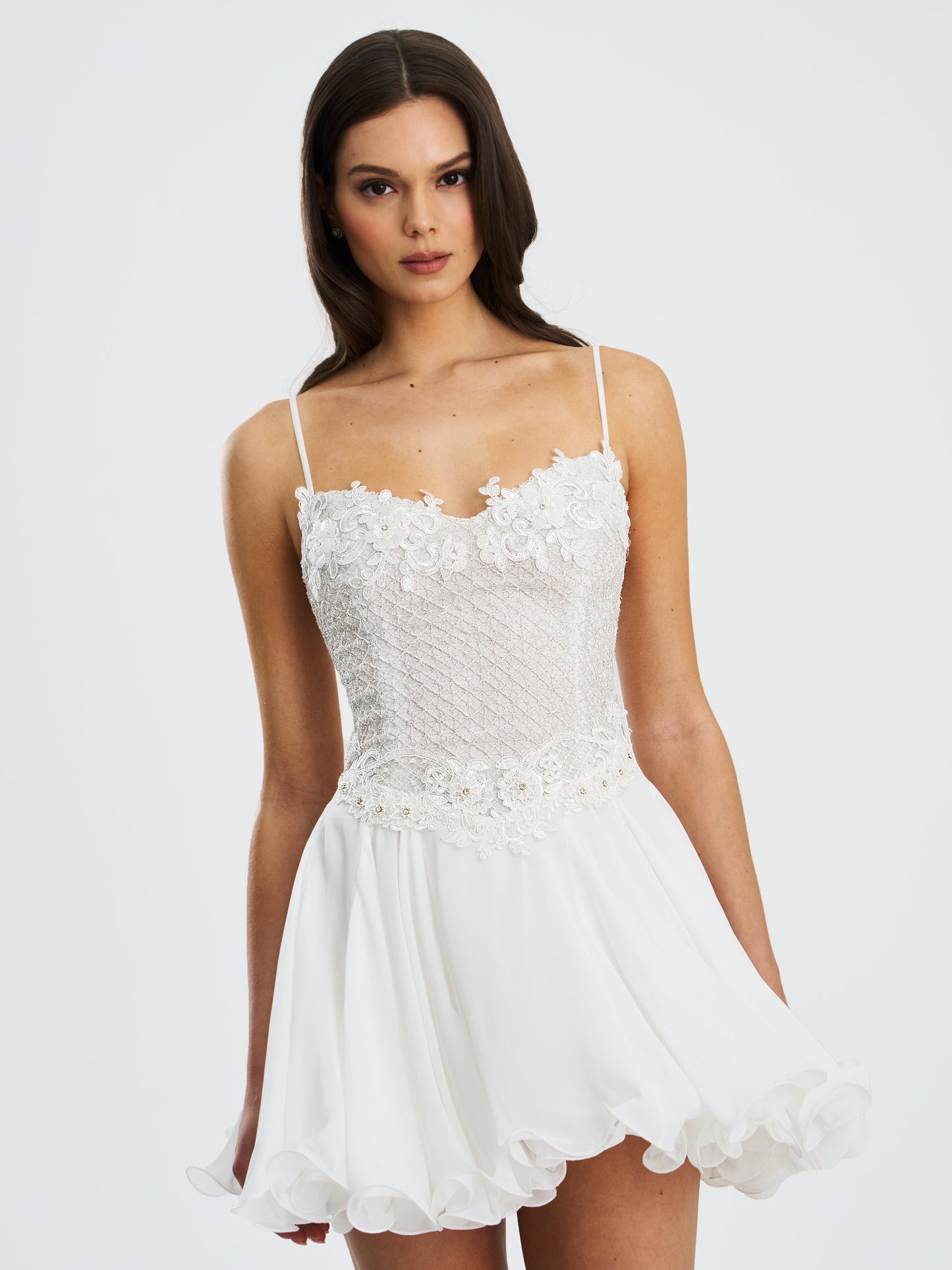 Fabiola Lace Trim Silver Net Top Mini Flare Chiffon Dress