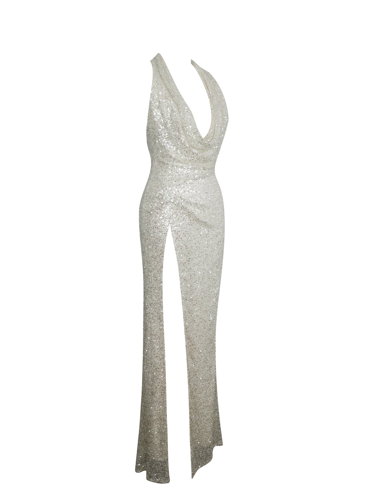 Niamh Golden Beaded Cowl Halter Backless Maxi Dress