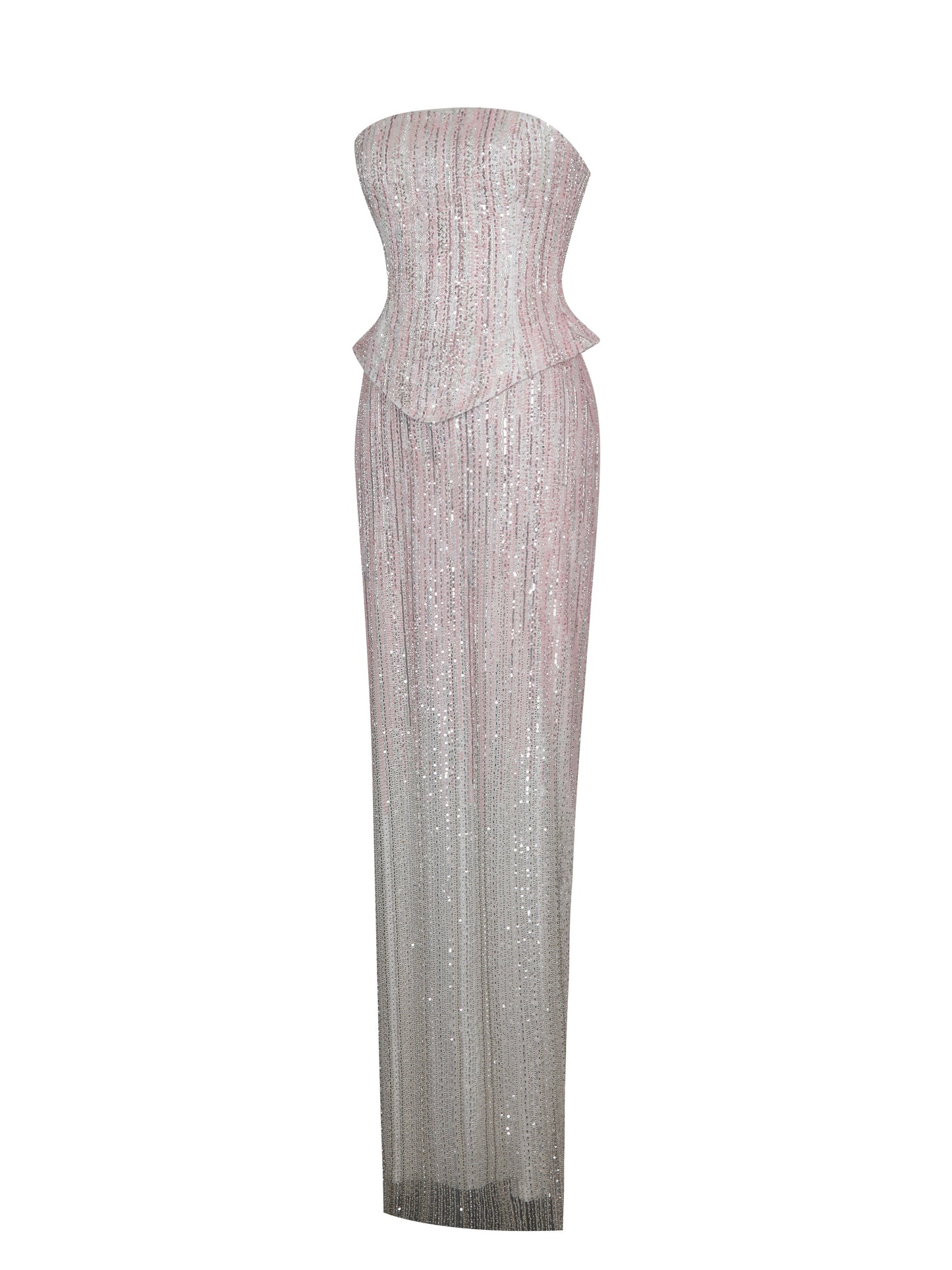 Tosca Beaded Blush Gradient Strapless Peplum Maxi Dress