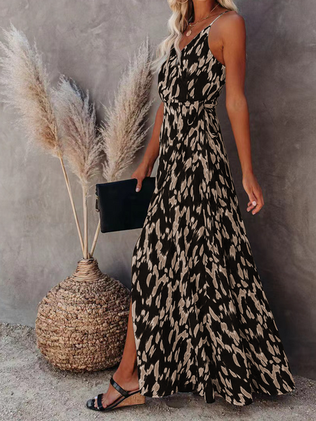 printed mid-length dress with split straps