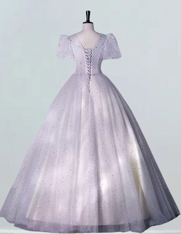 Elegant Silver Grey Sequin Tulle V-Neck Ball Gown | Prom & Evening Dress