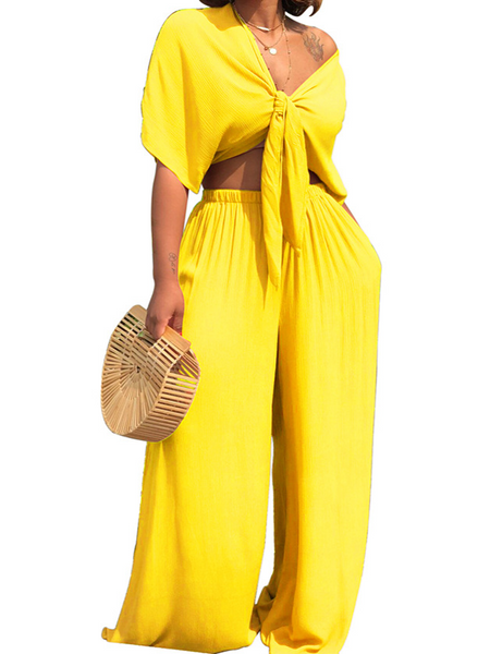 Deep V Neck Top +Wide Leg Trousers Two-piece Set