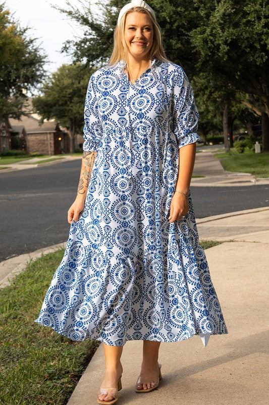 Print Lace-up Notch Neck Plus Size Maxi Dress